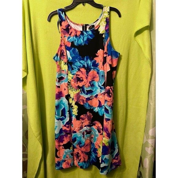 Worthington Neon Multi Floral Fit n Flare Skater Dress 16 Sleeveless - Picture 1 of 4